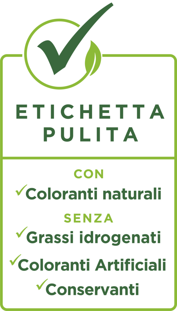 etichetta pulita con coloranti naturali senza grassi idrogenati, coloranti artificiali e conservanti