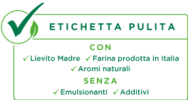 etichetta pulita con lievito adre, farina prodototta in italia, aromi naturali, senza emulsionanti o additivi